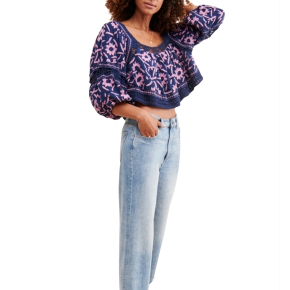 Free People Soleil Embroidered Crop Top Navy/Pink Bohemian Sz XS (oversized) - Picture 6 of 7